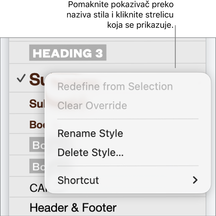 Izbornik stilova paragrafa s otvorenim izbornikom prečaca.