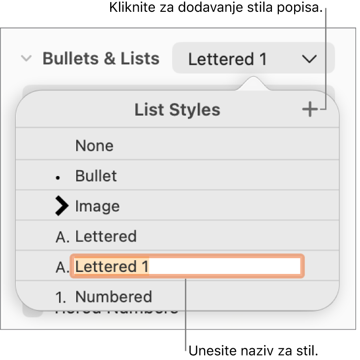 Skočni izbornik Stilovi popisa s tipkom Dodaj u gornjem desnom kutu i nazivom stila držača mjesta s odabranim tekstom.