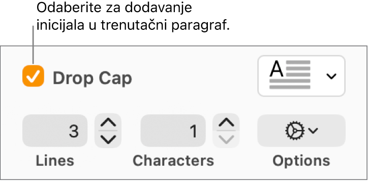Odabrana je potvrdna kućica Inicijal i javlja se skočni izbornik s njegove desne strane; kontrole za postavljanje visine linije, broj znakova i druge opcije javljaju se ispod njega.