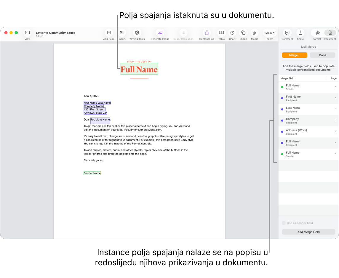 Dokument aplikacije Pages s poljima spajanja primatelja i pošiljatelja te popis instanci polja spajanja vidljiv u rubnom stupcu Dokument.