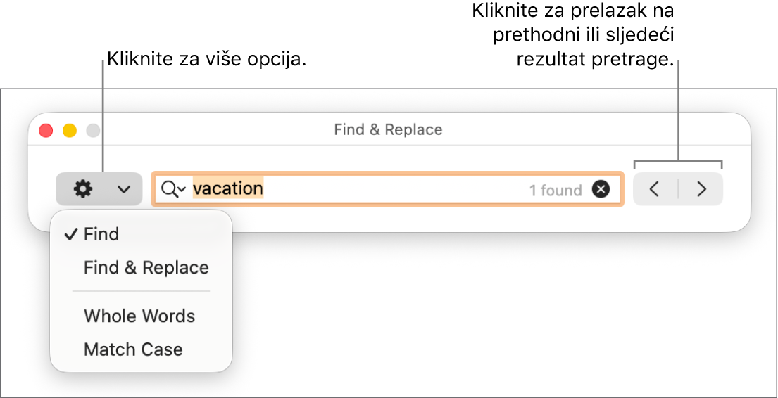 Prozor Pronađi i zamijeni sa skočnim izbornikom koji prikazuje opcije za Pronađi, Pronađi i zamijeni, Cijele riječi i Uskladi veličinu slova. Strelice na desnoj strani omogućuju vam da preskočite na prethodne ili sljedeće rezultate pretraživanja.