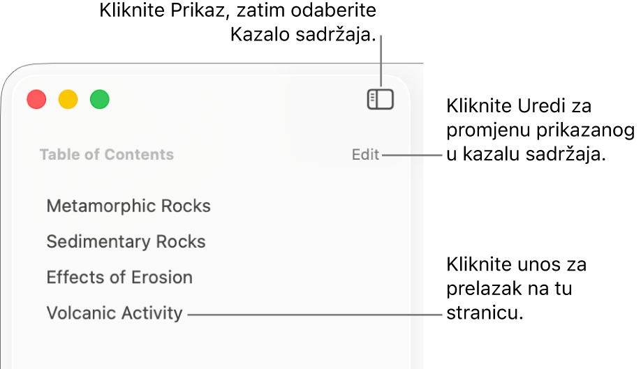 Kazalo sadržaja na lijevoj strani prozora aplikacije Pages s tipkom Uredi u gornjem desnom kutu rubnog stupca i unosima u kazalo sadržaja na popisu. Tipka Prikaz nalazi se u gornjem lijevom kutu alatne trake aplikacije Pages, iznad rubnog stupca.