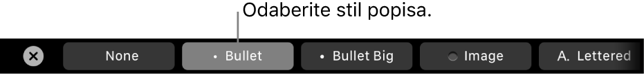 MacBook Pro Touch Bar s kontrolama za odabir stila popisa.
