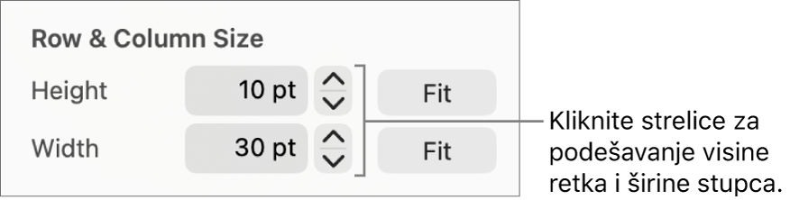 Kontrole za precizno podešavanje veličine retka ili stupca.