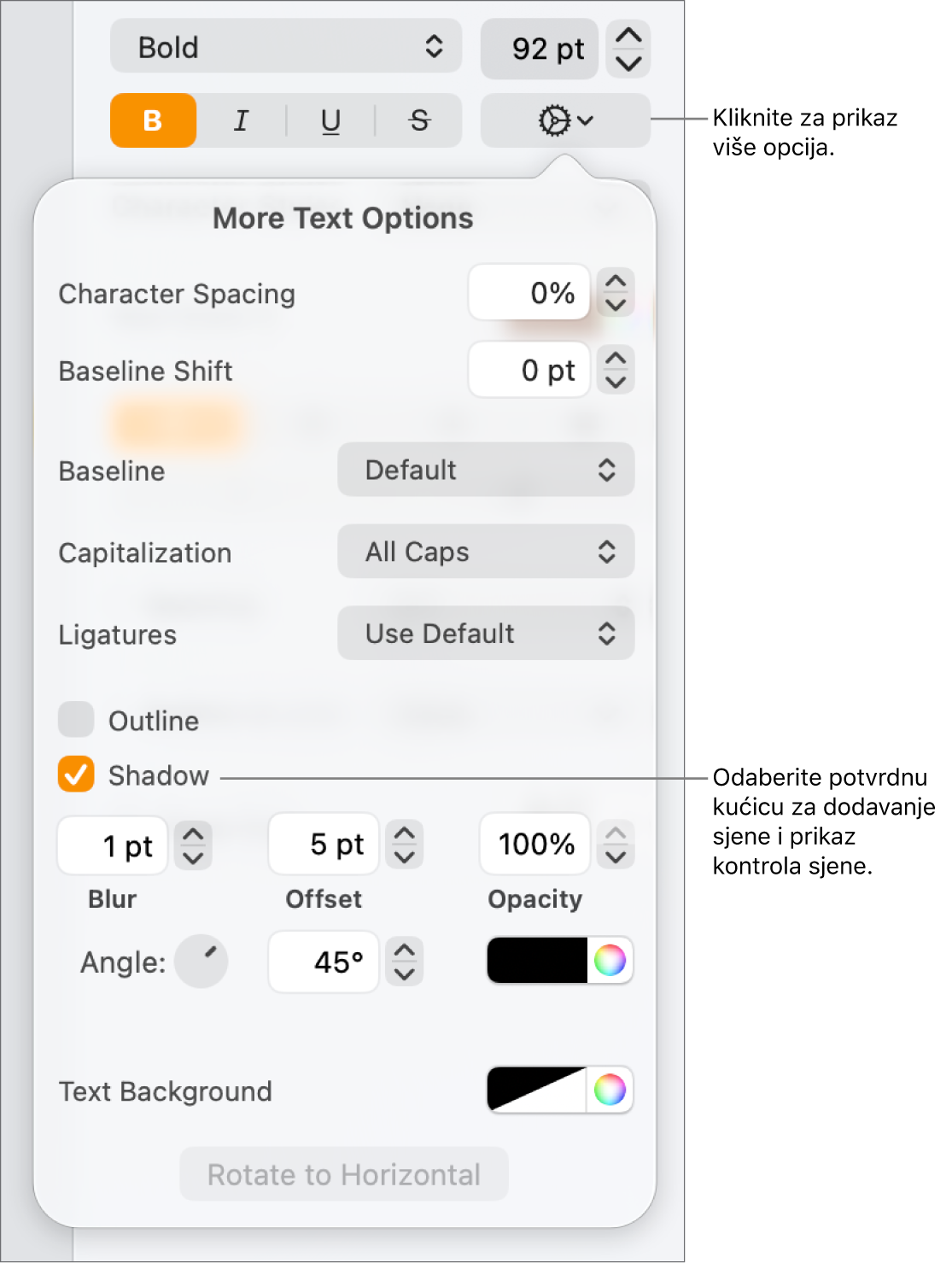 Izbornik Napredne opcije otvoren s odabranom kućicom Sjene i kontrole za podešavanje zamagljenja, otklona, neprozirnosti, kuta i boje.
