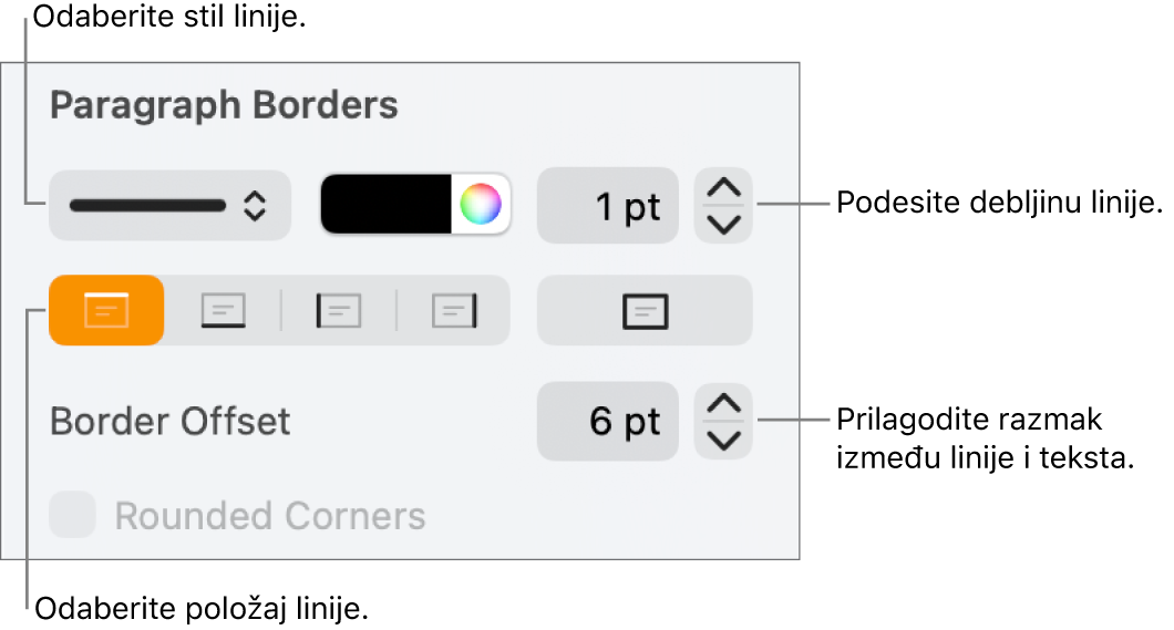 Kontrole za promjenu stila, debljine, položaja i boje linije.