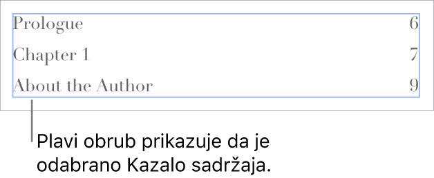 Kazalo sadržaja umetnuto u dokument. Unosi prikazuju naslove zajedno s pripadajućim brojevima stranica.