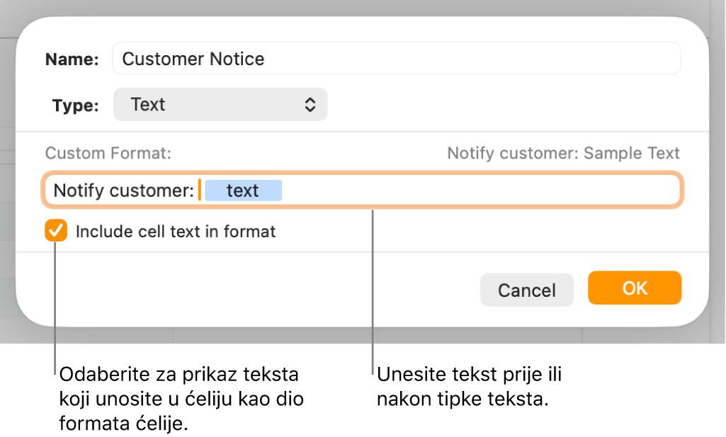 Prozor prilagođenog formata ćelije s kontrolama za odabir prilagođenog formatiranja teksta.