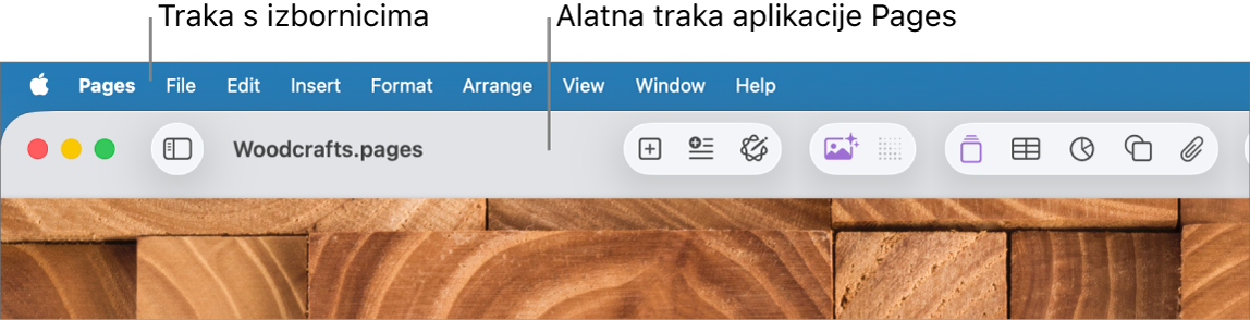 Traka izbornika na vrhu zaslona s izbornicima Apple, Pages, Datoteka, Uredi, Unesi, Formatiraj, Razmjesti, Prikaz, Dijeli, Prozor i Pomoć. Ispod trake izbornika nalazi se otvoreni dokument aplikacije Pages s tipkama alatne trake preko vrha za opcije Prikaz, Zumiraj, Dodaj stranicu, Unesi, Tablica, Grafikon, Tekst, Oblik, Mediji i Komentar.
