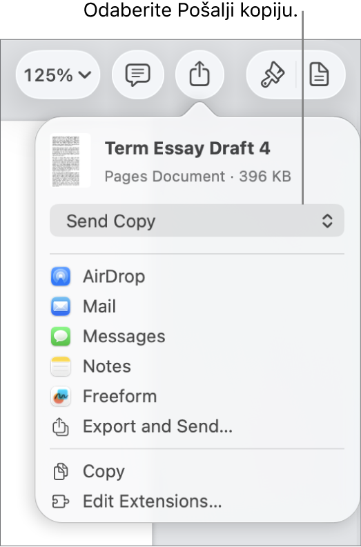 Izbornik dijeljenja s odabranom opcijom Pošalji kopiju pri vrhu.
