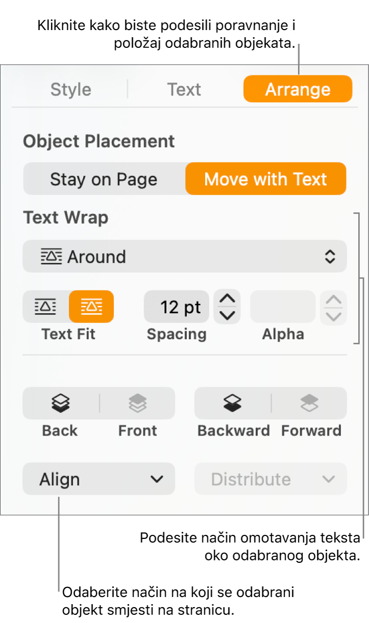 Izbornik Formatiraj s prikazanim rubnim stupcem Razmjesti. Postavke Smještanje objekta nalaze se pri vrhu rubnog stupca Razmjesti, s postavkama za Omatanje teksta.