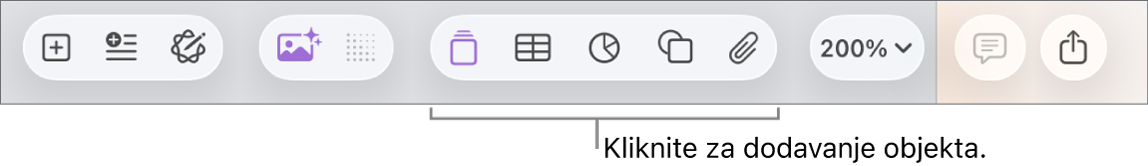 Alatna traka sa tipkama za dodavanje tablica, grafikona, teksta, oblika i medija.