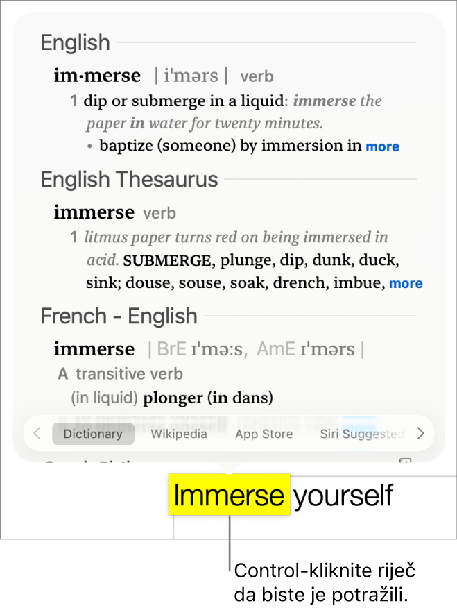 Paragraf s označenom riječju i prozor pokazuju njenu definiciju i unos tezaurusa. Tipke na dnu prozora pružaju poveznice na rječnik, Wikipediju i web stranice koje predlaže Siri.