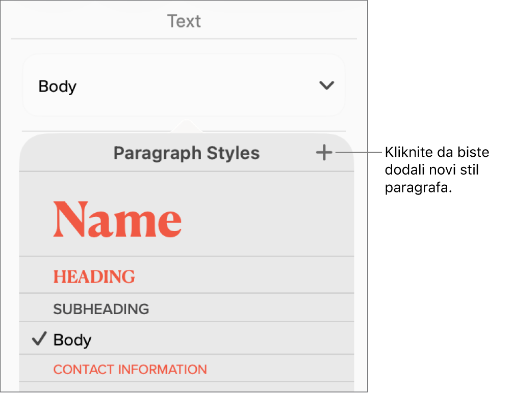 Izbornik stilova paragrafa s oblačićem za tipku Novi stil.