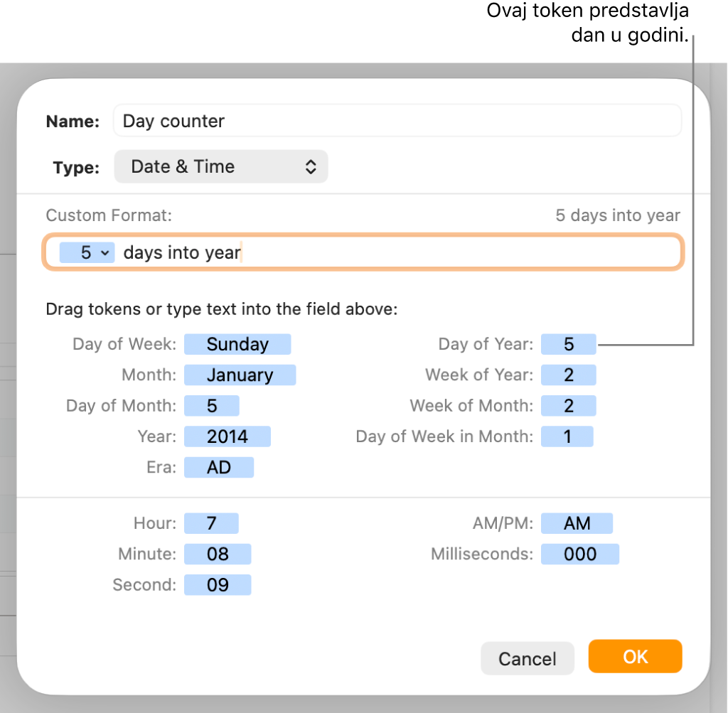 Prozor prilagođenog formata ćelije s kontrolama za odabir prilagođenog formatiranja datuma i vremena.