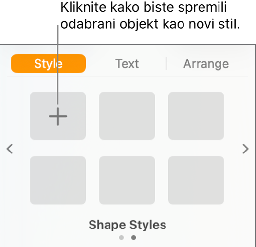 Kartica Stil rubnog stupca Formatiraj, s tipkom Izradi stil u gornjem lijevom kutu i pet praznih držača mjesta za stil.