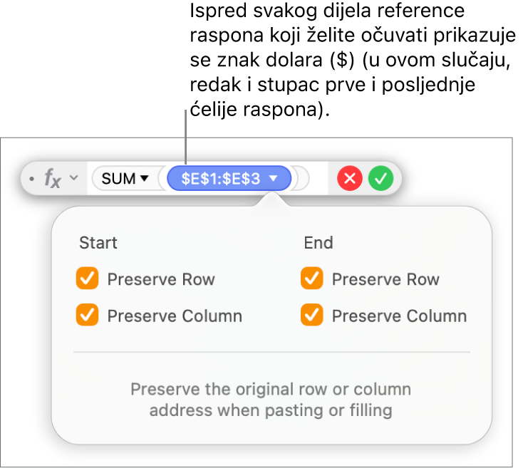 Urednik formula prikazuje odabrane opcije Zadrži redak i Zadrži stupac za određeni raspon.