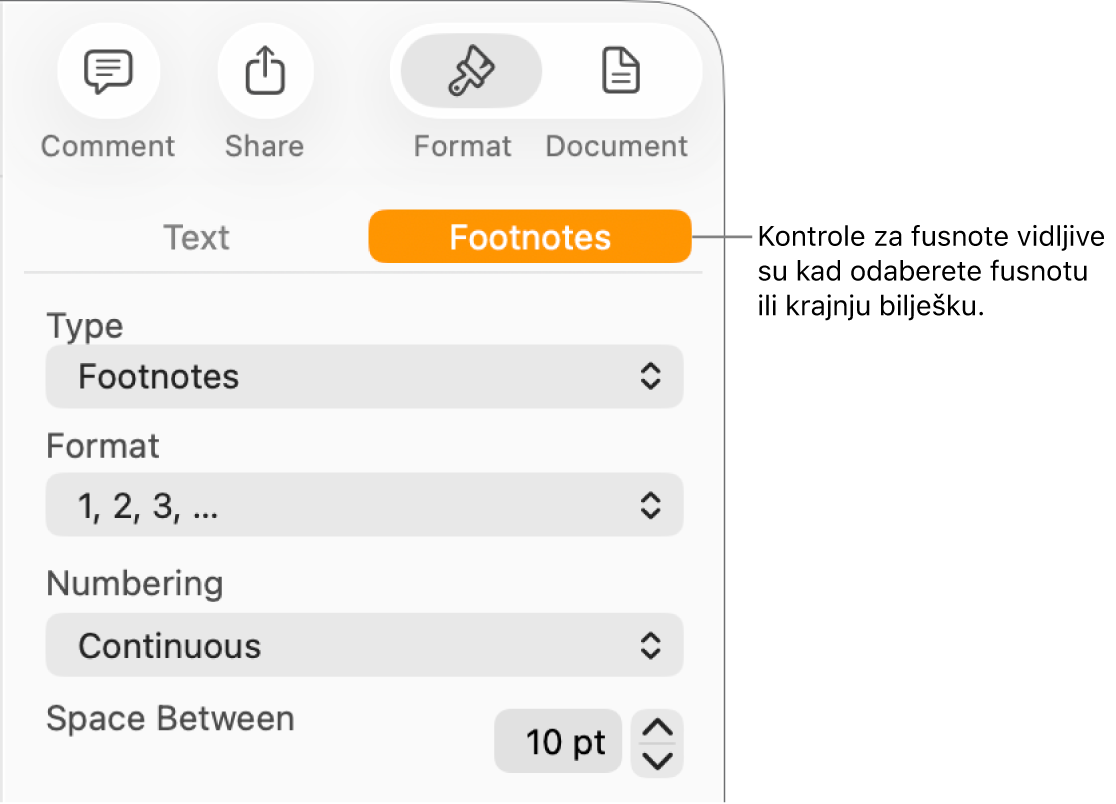 Prozor Fusnote s prikazom skočnih izbornika za stavke Vrsta, Format, Numeriranje i prostorom između bilješki.
