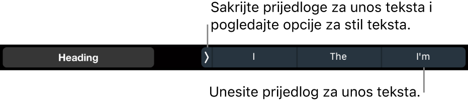 MacBook Pro Touch Bar s kontrolama za odabir stila teksta, skrivanje prijedloga za tipkanje i umetanje prijedloga za tipkanje.