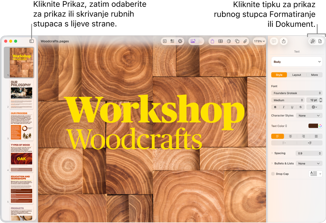 Prozor aplikacije Pages s balončićem na tipki izbornika Prikaz i tipkama Format i Dokument na alatnoj traci. Rubni stupci su otvoreni na lijevoj i desnoj strani.