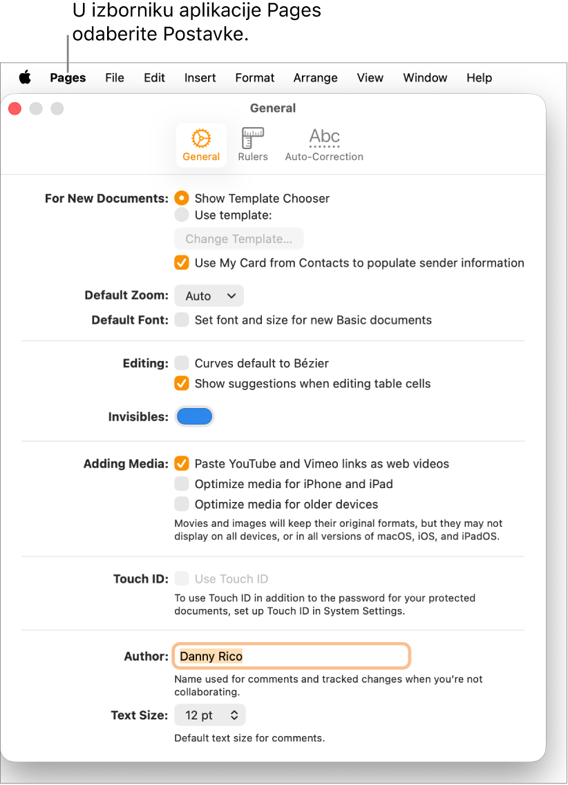 Prozor postavki aplikacije Pages otvara se na prozor Općenito, s postavkama za nove dokumente, zadano zumiranje i font, uređivanje, jednadžbe, nevidljive stavke, dodavanje medija, Touch ID, ime autora i zadanu veličinu teksta.