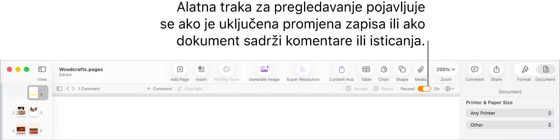 Alatna traka aplikacije Pages s uključenim praćenjem promjena i alatnom trakom za pregledavanje ispod alatne trake aplikacije Pages.