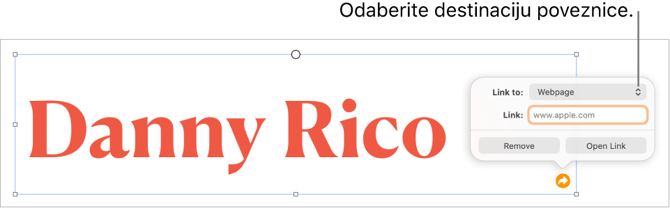 Kontrole urednika linka s odabranom opcijom Web stranica, tipke Ukloni i Otvori link nalaze se na dnu.