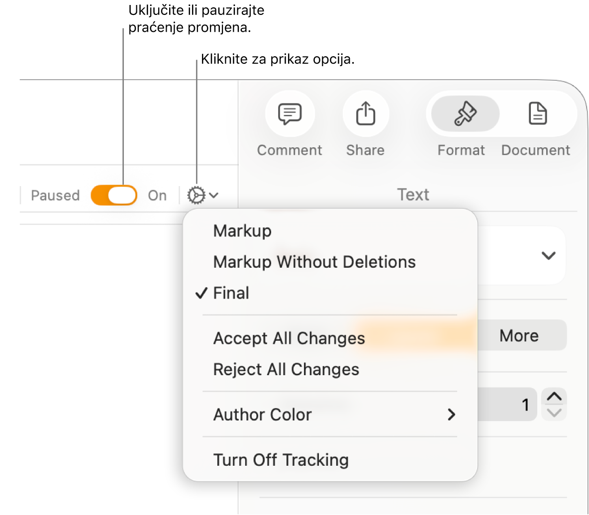 Izbornik za praćenje opcija koji na dnu prikazuje Isključi praćenje, i balončići za tipku Praćenje uključeno i Pauzirano.