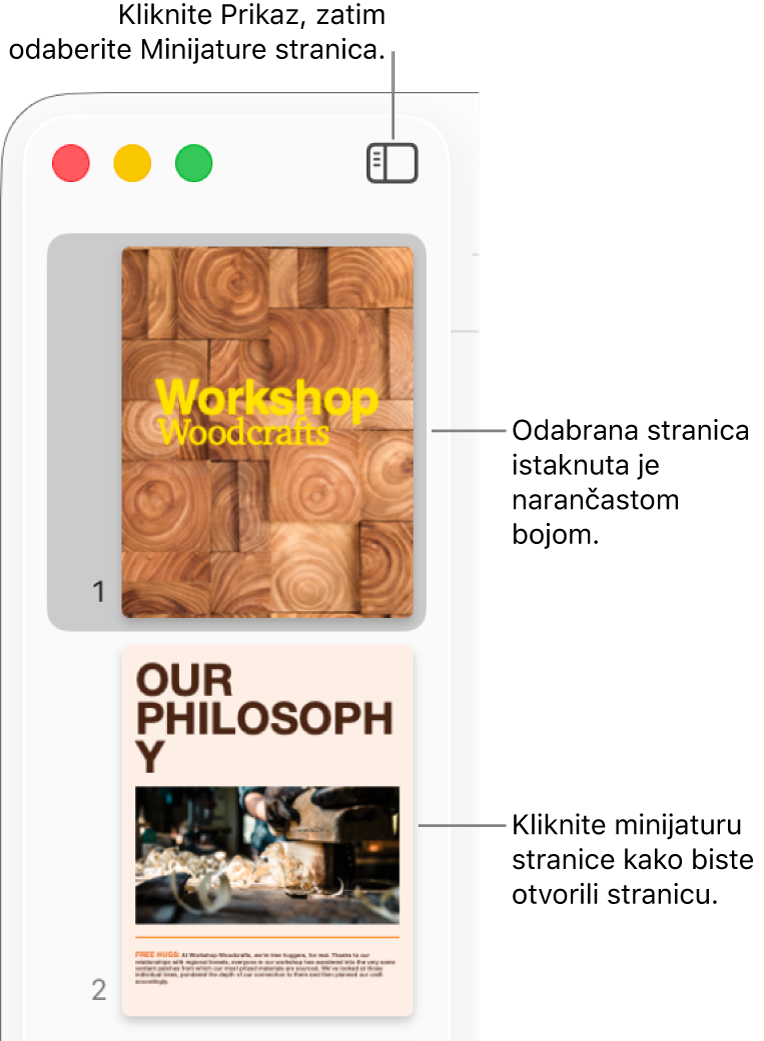 Rubni stupac s lijeve strane prozora aplikacije Pages s otvorenim prikazom minijatura stranica i odabranom stranicom označenom tamnonarančastom bojom.