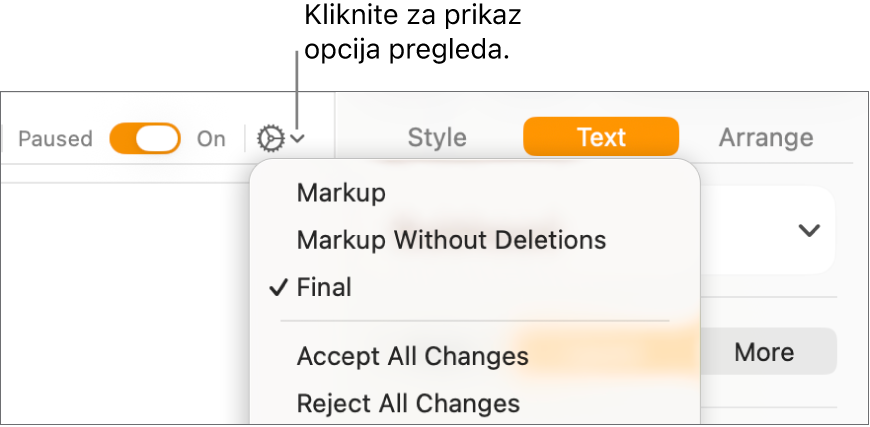 Izbornik za opcije pregledavanja prikazuju Obilježja, Obilježja bez brisanja i Konačno.
