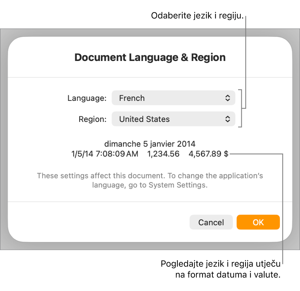 Prozor Jezik i regija s kontrolama za jezik i regiju te primjer formatiranja uključujući datum, vrijeme, decimalu i valutu.