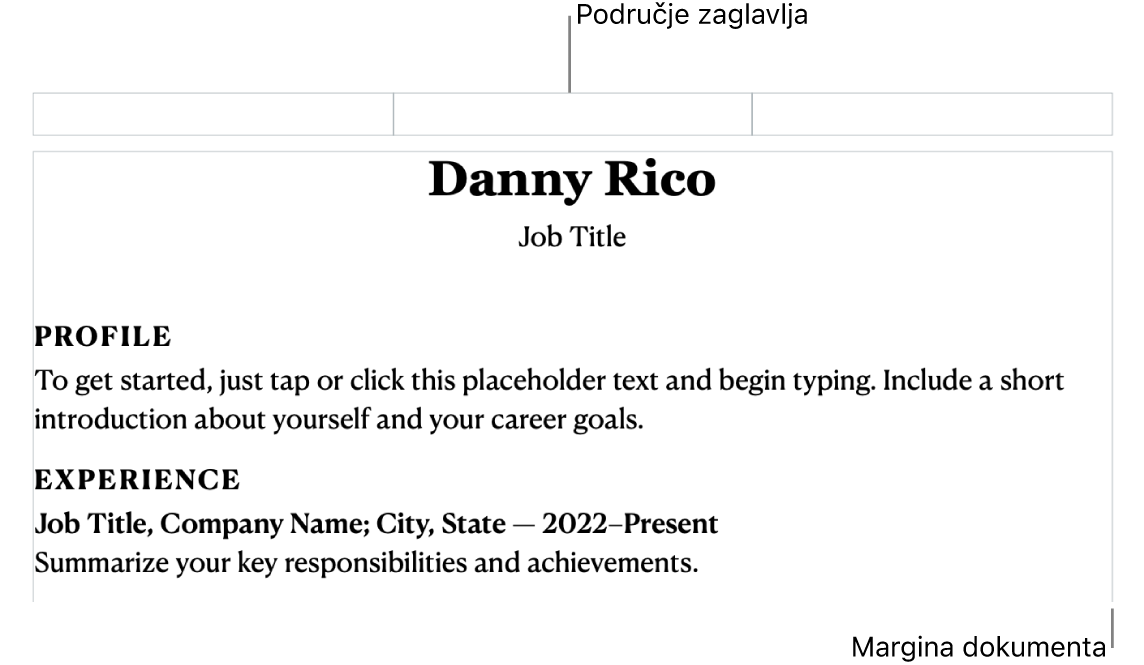 Prikaz rasporeda s područjem zaglavlja i marginama dokumenta.