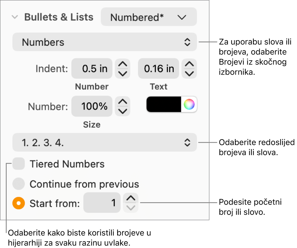 Kontrole za mijenjanje stila brojeva i razmaka između stavki popisa.