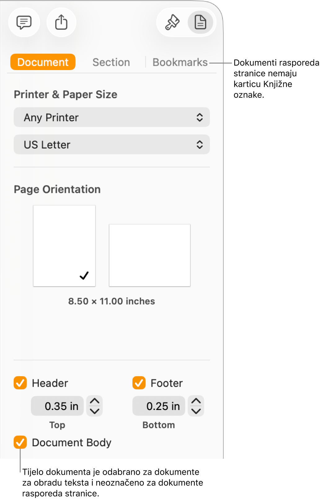 Rubni stupac Formatiraj s karticama Dokument, Odjeljak i Knjižne oznake na vrhu. Kartica Dokument je odabrana i u oblačiću na karticu Knjižne oznake piše da dokumenti s rasporedom stranica nemaju karticu Knjižne oznake. Odabrana je potvrdna kućica za Tijelo dokumenta koja također pokazuje da je ovo dokument za obradu teksta.