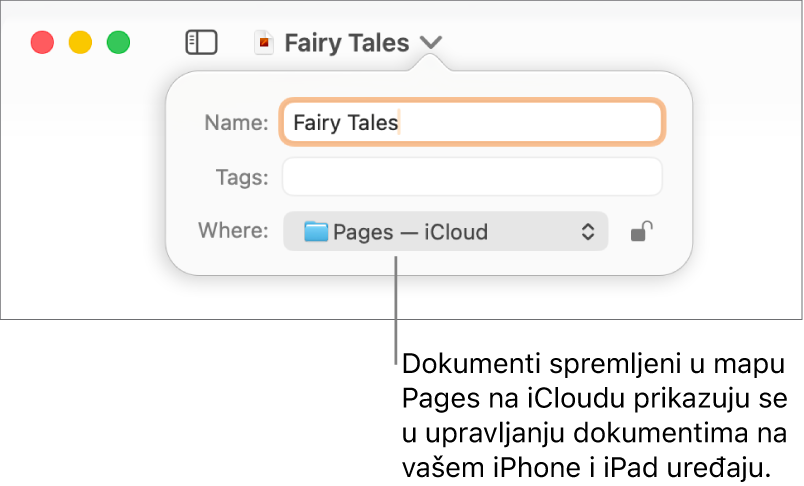 Dijaloški okvir Spremi za dokument s aplikacijom Pages – iCloud u skočnom izborniku Gdje.