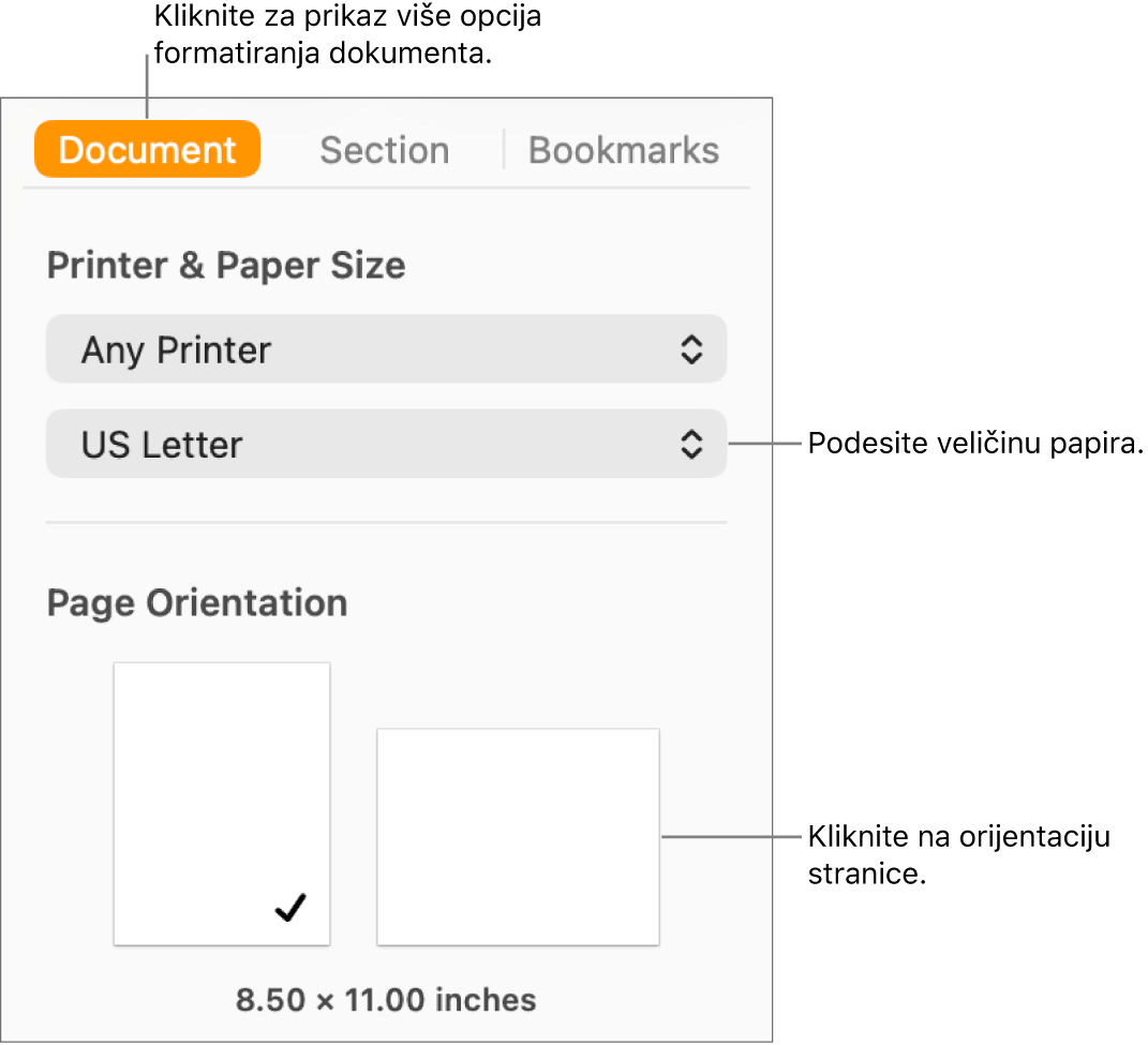 Rubni stupac Dokumenta s odabranom karticom Dokument pri vrhu rubnog stupca. U rubnom se stupcu nalazi skočni izbornik za podešavanje veličine papire te tipke za portretnu i pejzažnu orijentaciju stranice.