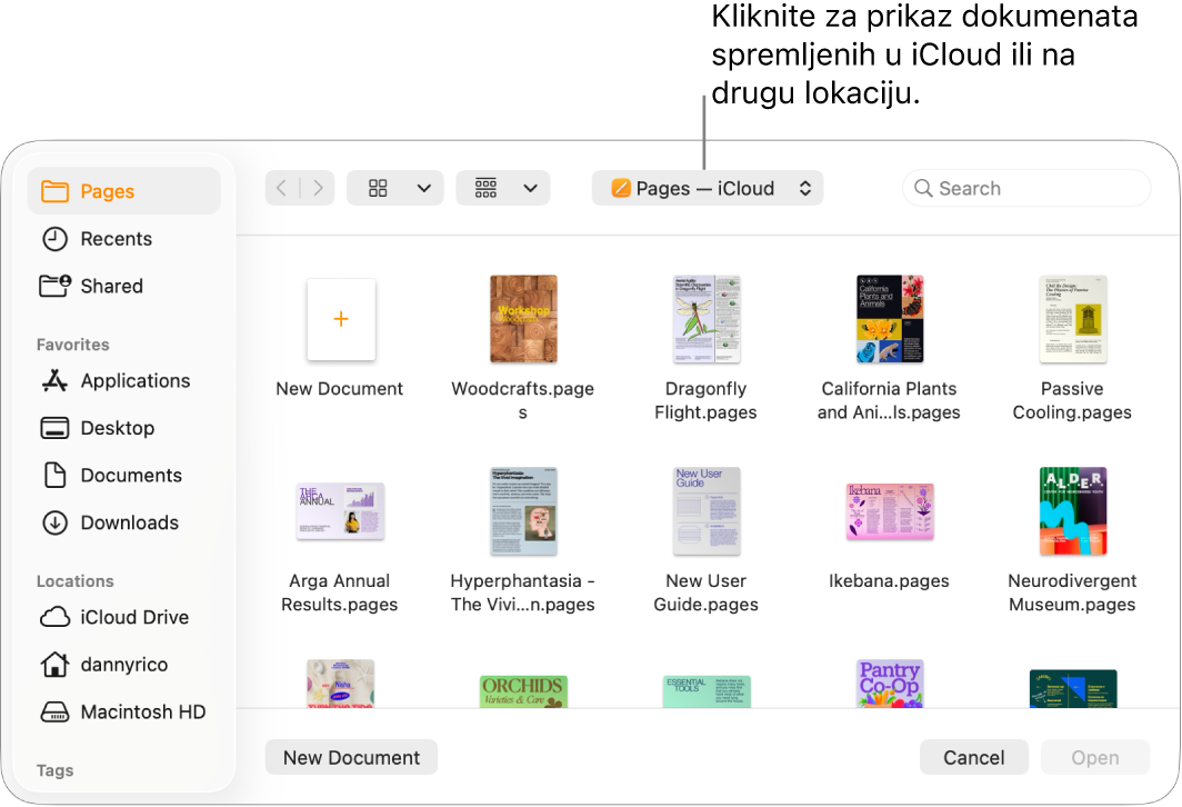 Dijaloški okvir Otvori s otvorenim rubnim stupcem na lijevoj strani i iCloud Drive odabran u skočnom izborniku na vrhu. Mapa aplikacije Pages prikazuje se u dijaloškom okviru, zajedno s tipkom Novi dokument.