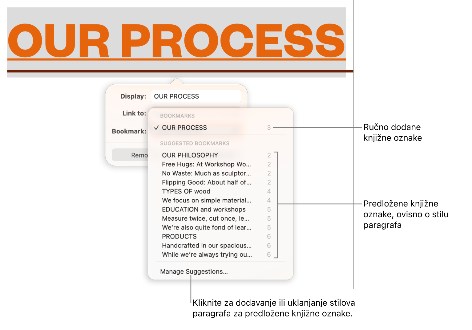 Popis knjižnih oznaka s ručno dodanim knjižnim oznakama na vrhu i predloženim knjižnim oznakama na dnu. Opcija Upravljanje prijedlozima je na dnu.