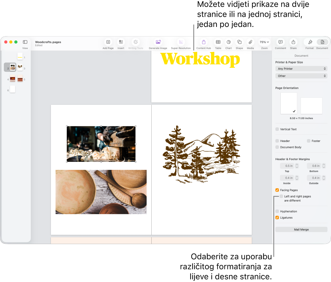 Prozor aplikacije Pages s minijaturama stranice i stranicama dokumenta prikazanom kao dvostranična širenja. U rubnom stupcu Dokument s desne strane, odznačena je potvrdna kućica “Lijeva i desna strana su različite“.