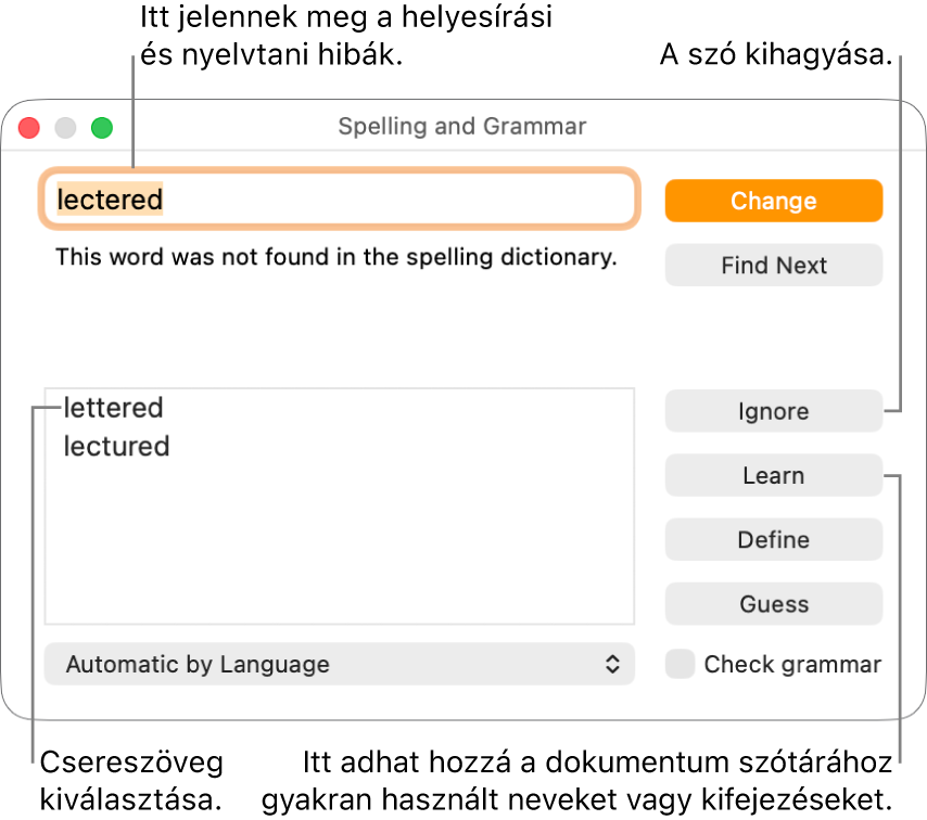 A Helyesírás és nyelvtan ablak.