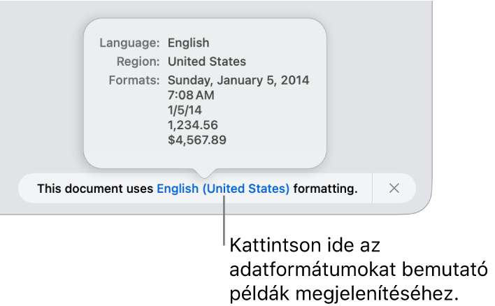 Értesítés az eltérő nyelvi és regionális beállításokról, és látható néhány példa az adott nyelvre és régióra jellemző formátumokra.