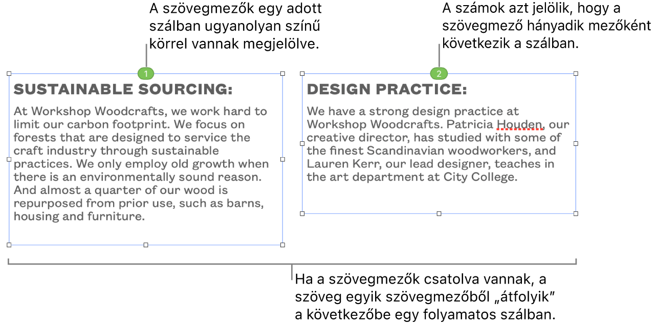 Két szövegmező a tetejükön kék körökkel, a körökben pedig az 1 és 2 számmal.