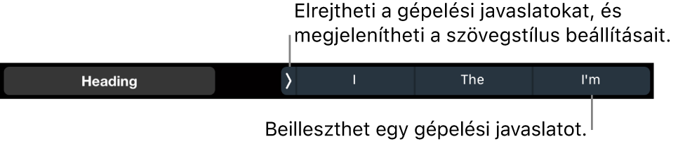 A MacBook Pro Touch Barja a szövegstílusok, kiválasztására, gépelési javaslatok elrejtésére, és gépelési javaslatok beszúrására szolgáló vezérlőkkel.