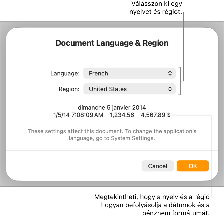 A Nyelv és régió panel a nyelv és a régió vezérlőivel, valamint egy formátumot bemutató példával, amely tartalmazza a dátum, az idő, a tizedesek és a pénznem formátumát.
