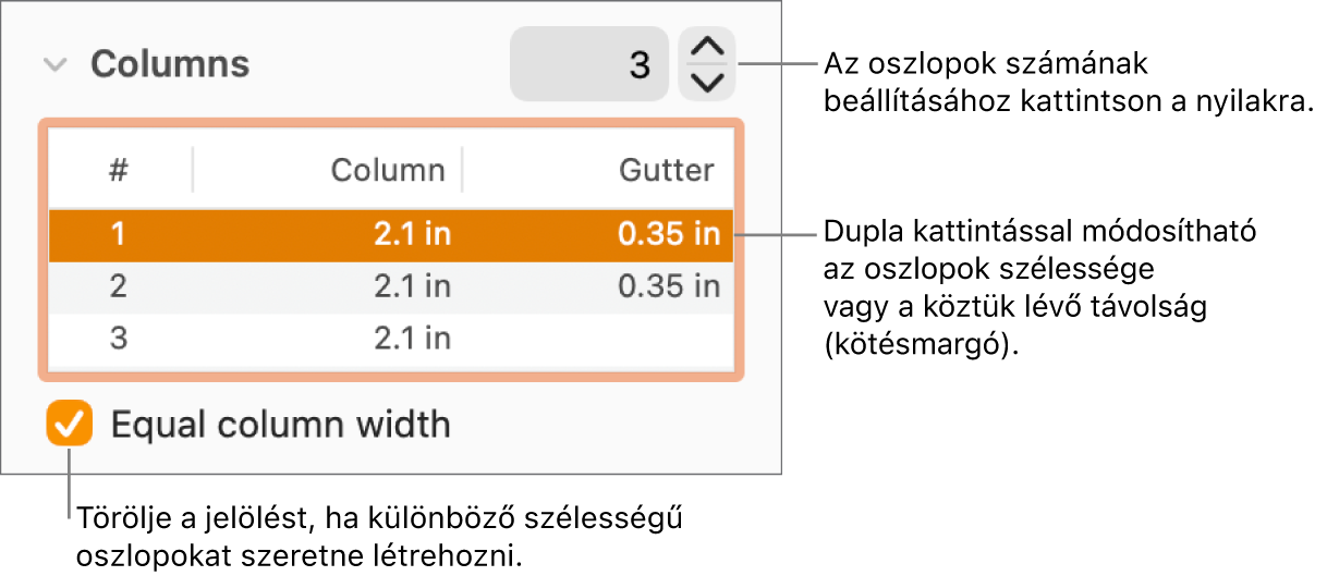 A Formátumvizsgáló Elrendezés panelje az oszlopok vezérlőivel.