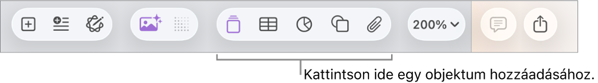Eszközsor táblázatok, diagramok, szövegek, alakzatok és médiatartalmak hozzáadására szolgáló gombokkal.