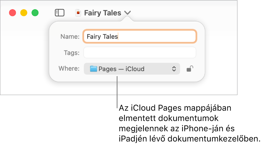A Mentés párbeszédpanel Pages – iCloud dokumentum esetében a Hely előugró menüben.
