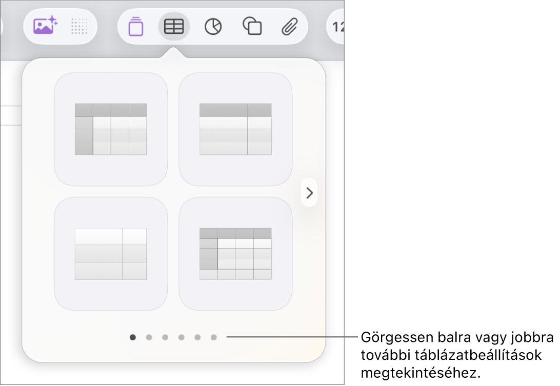 A Táblázat hozzáadása menü navigációs nyilakkal.