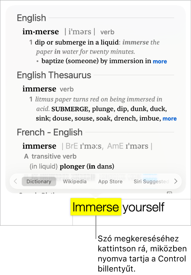 Bekezdés, amelyben egy szó ki van emelve, és egy ablak, amely a definíciót és Wikipédia-bejegyzést jeleníti meg. Az ablak alján található gombok a szótárra, a Wikipédiára és a Siri javasolt webhelyeire mutató hivatkozásokat tartalmazza.