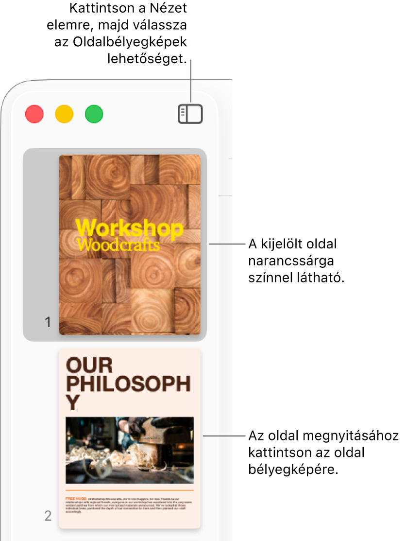 Az oldalsáv a Pages ablakának bal oldalán, rajta megnyitva az Oldalbélyegképek nézete, és a kiválasztott oldal sötét narancssárga színnel kijelölve.